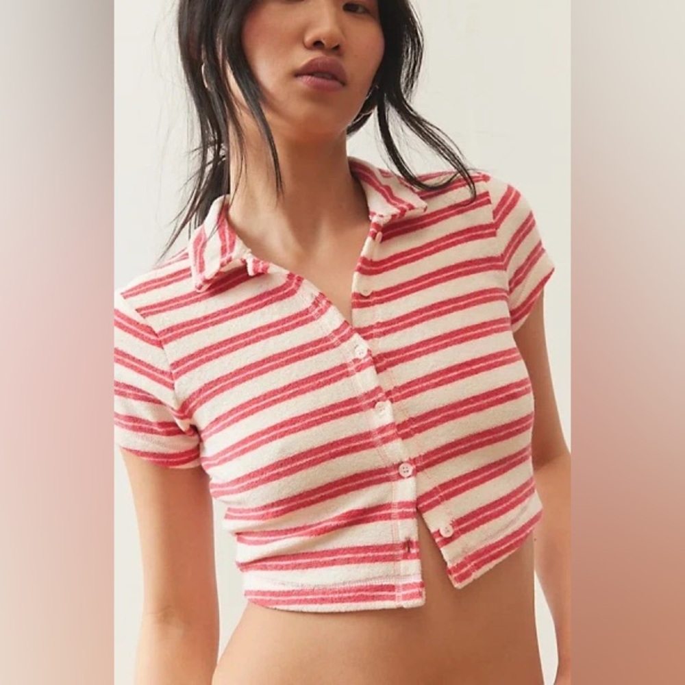 NEWOUT FROM UNDER Airy Terry Cropped Polo Shirt Top In Pink Combo